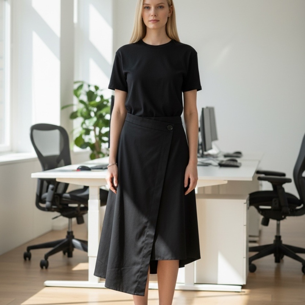 Urban Revivo Black Midi Dress Stretch Tee Top Asymmetrical Skirt Side Zip